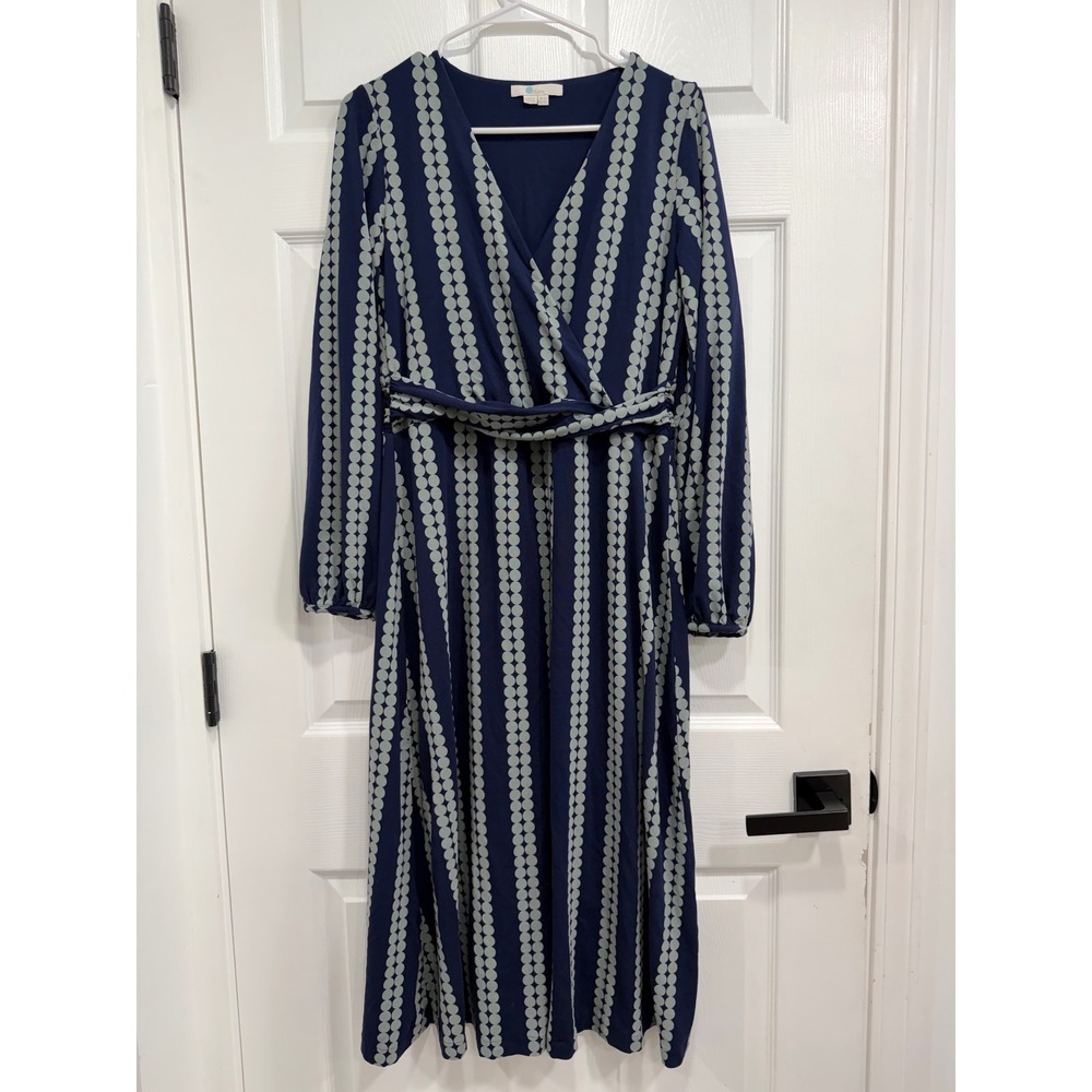 Boden Navy Blue Grey Polka Dot Stripe Faux Wrap Midi Dress Womens 10 J0126